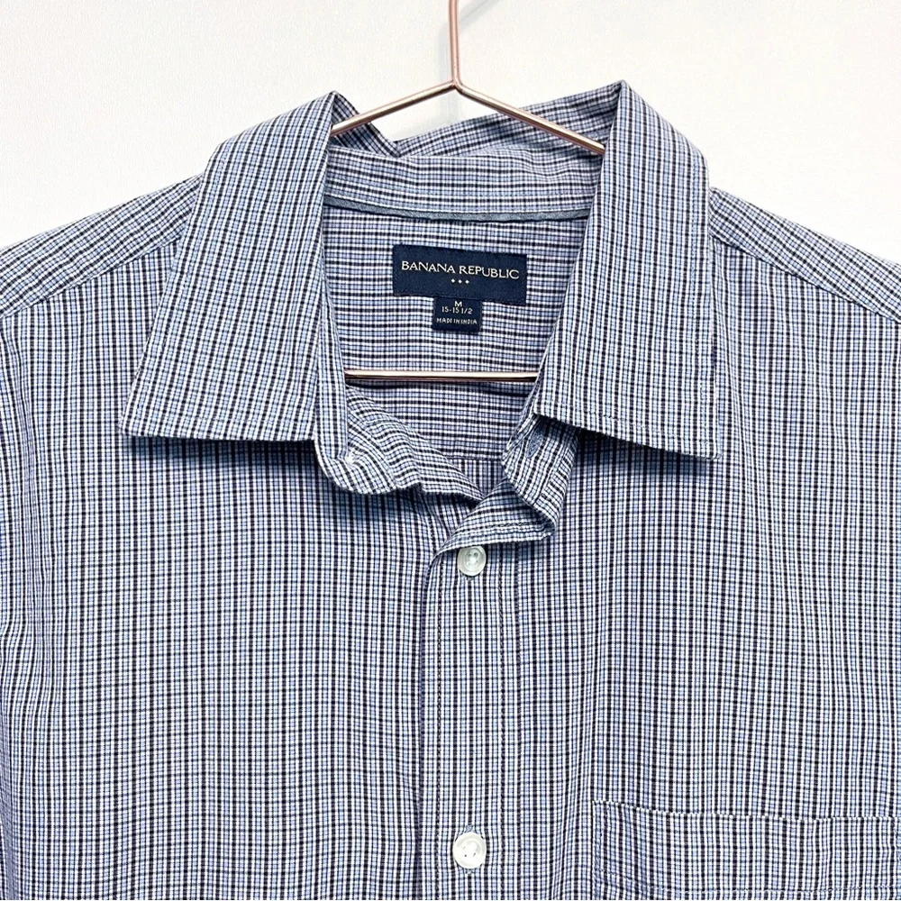 banana republic | blue micro plaid cotton button down shirt m 15-15.5